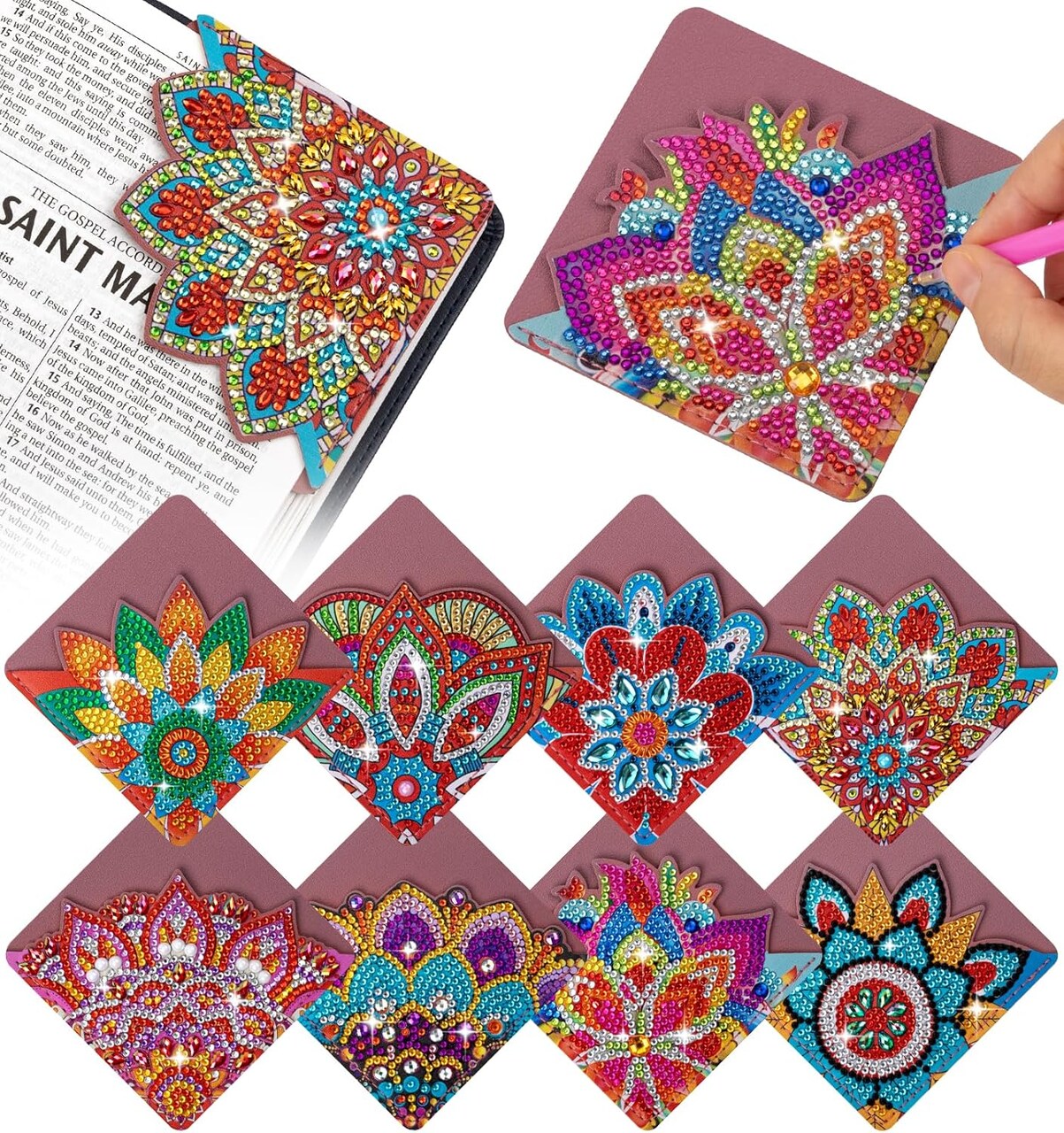 8 PCS Diamond Art Bookmarks, Diamond Painting Bookmarks for Book Lovers 5D DIY Corner Bookmark Adults Crafts Diamond Art Kits for Adults Kids Home Office Beginner Gift